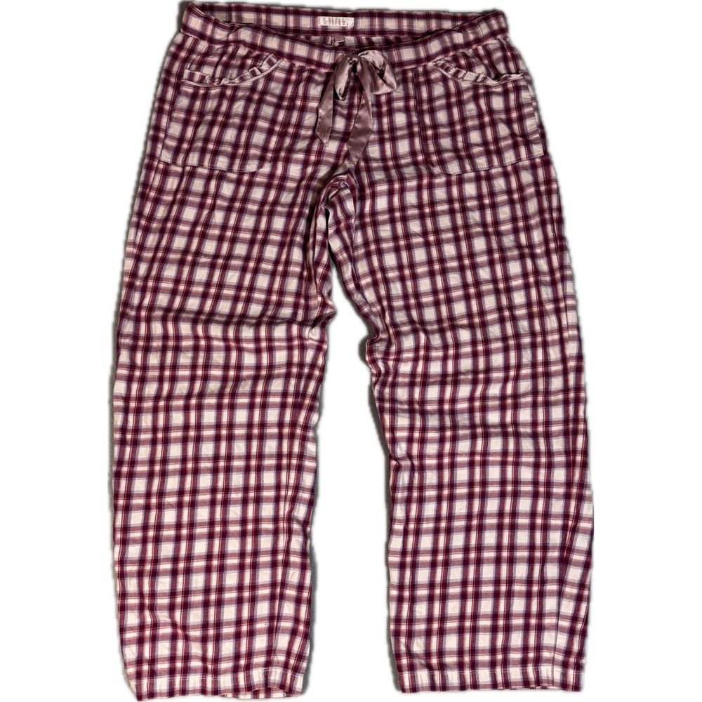 Victoria's Secret Pink Plaid Cotton Pajama Pants Satin Bow Pockets Large